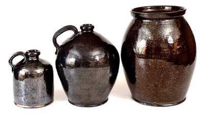 Lot of Three: Manganese-Glazed Redware Jugs and Jar, Thorne Pottery, Crosswicks, NJ