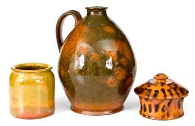 Lot of Three: Glazed American Redware Jug, Jar, and Lidded Tub