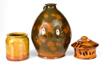 Lot of Three: Glazed American Redware Jug, Jar, and Lidded Tub