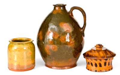 Lot of Three: Glazed American Redware Jug, Jar, and Lidded Tub