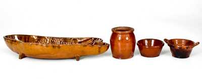 Lot of Four: Pennsylvania Redware Fish Mold, Miniature Redware Tub, Jar, and Pan