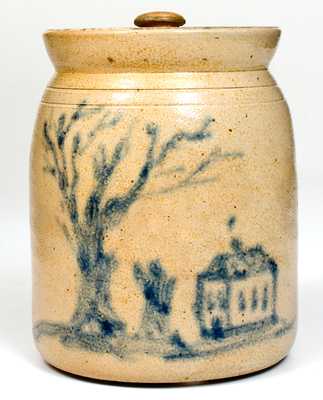 Outstanding attrib. Cortland, NY Stoneware Jar w/ Cobalt House Scene