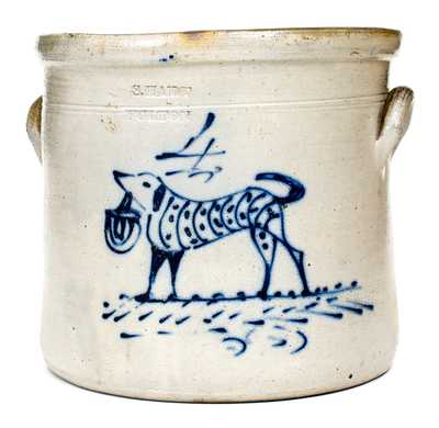 Fine 4 Gal. S. HART / FULTON Stoneware Crock w/ Dog with Basket Decoration
