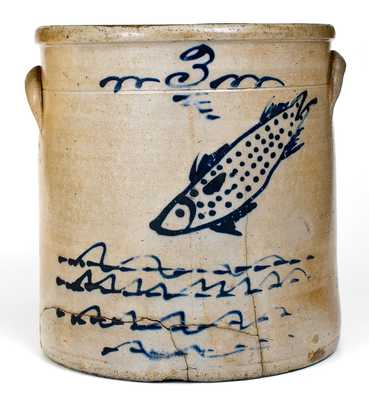 3 Gal. Ohio Stoneware Crock with Elaborate Swimming Fish Decoration