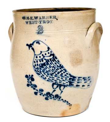 Fine WM. E. WARNER / WEST TROY Stoneware Jar w/ Elaborate Slip-Trailed Bird Decoration
