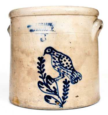 Scarce C. W. BRAUN / BUFFALO, NY Stoneware Crock w/ Slip-Trailed Bird Decoration