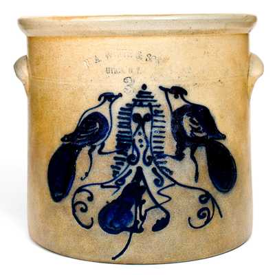 Unusual 3 Gal. N. A. WHITE & SON / UTICA, NY Stoneware Crock w/ Double-Bird Design