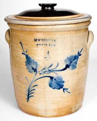 Four-Gallon M. WOODRUFF / CORTLAND, NY Stoneware Crock w/ Lid