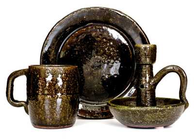 Three Alkaline-Glazed Stoneware Articles (Candlestick, Mug, Plate), Signed Lanier Meaders