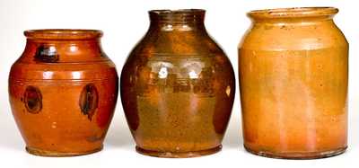 Lot of Three: New England Redware Jars incl. Yellow, Olive, and Manganese-Decorated Examples