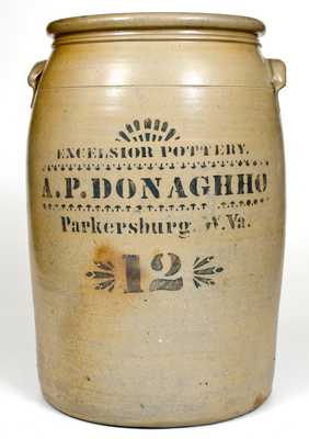 Fine 12 Gal. EXCELSIOR POTTERY / A. P. DONAGHHO / Parkersburg, W. Va. Stoneware Jar