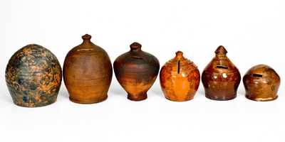 Lot of Six: Redware Banks incl. Glazed Philadelphia and Henry Schofield Examples