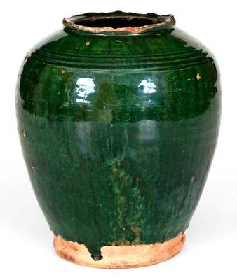 Rare Copper-Glazed Redware Jar, Bristol County, MA origin, late 18th or early 19th century.