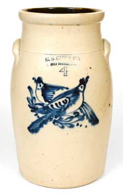 Rare G. S. GUY & CO. / FORT EDWARD, N.Y. Stoneware Churn w/ Double Bird Decoration