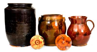 Five Glazed Redware Articles, American, 19th century