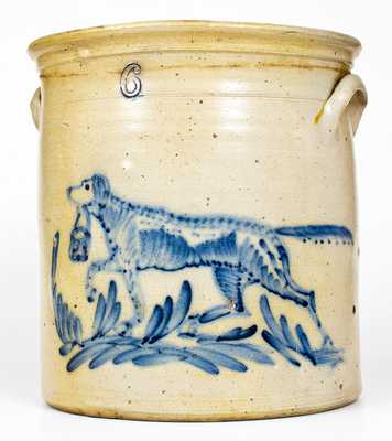 Exceptional 6 Gal. Stoneware Crock w/ Profuse Pointing Dog Decoration