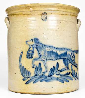 Exceptional 6 Gal. Stoneware Crock w/ Profuse Pointing Dog Decoration