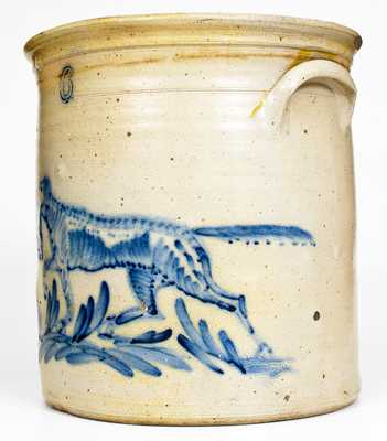 Exceptional 6 Gal. Stoneware Crock w/ Profuse Pointing Dog Decoration