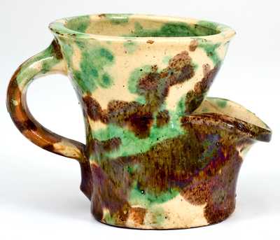 Exceptional Shenandoah Valley Multi-Glazed Redware Shaving Mug, J. Eberly, Strasburg, VA