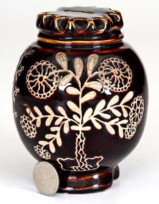 Exceptional Summit County, Ohio Stoneware Bank w/ Elaborate Incised Floral Decoration