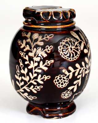 Exceptional Summit County, Ohio Stoneware Bank w/ Elaborate Incised Floral Decoration