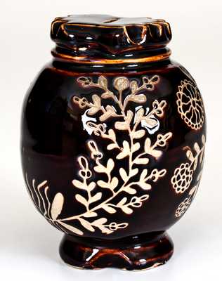 Exceptional Summit County, Ohio Stoneware Bank w/ Elaborate Incised Floral Decoration