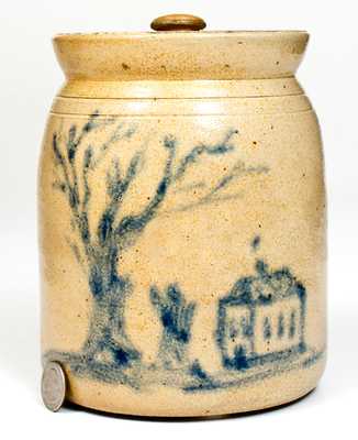 Outstanding attrib. Cortland, NY Stoneware Jar w/ Cobalt House Scene