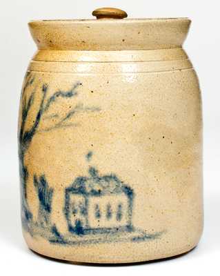Outstanding attrib. Cortland, NY Stoneware Jar w/ Cobalt House Scene