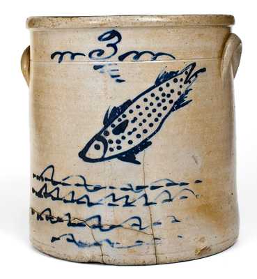 3 Gal. Ohio Stoneware Crock with Elaborate Swimming Fish Decoration