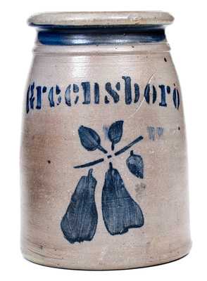 Outstanding Small GREENSBORO Stoneware Canning Jar w/ Pears Decoration