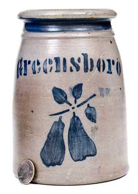 Outstanding Small GREENSBORO Stoneware Canning Jar w/ Pears Decoration