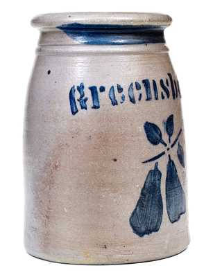 Outstanding Small GREENSBORO Stoneware Canning Jar w/ Pears Decoration