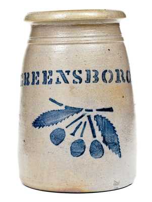 Outstanding Small GREENSBORO Stoneware Canning Jar w/ Cherries Decoration