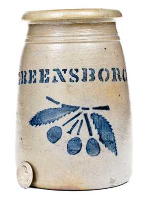 Outstanding Small GREENSBORO Stoneware Canning Jar w/ Cherries Decoration