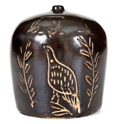 Rare Ohio Stoneware Bank with Incised Bird Decoration Inscribed