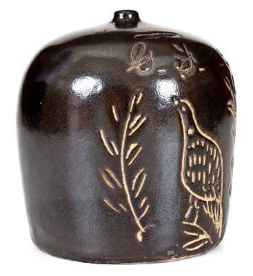 Rare Ohio Stoneware Bank with Incised Bird Decoration Inscribed 