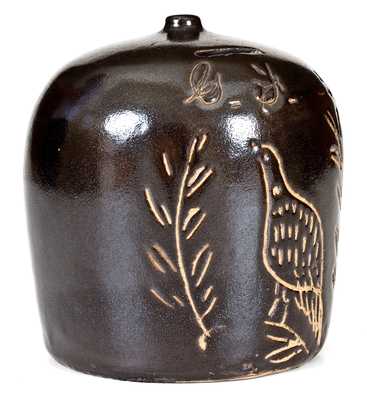 Rare Ohio Stoneware Bank with Incised Bird Decoration Inscribed