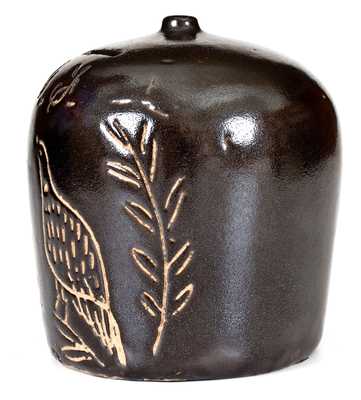 Rare Ohio Stoneware Bank with Incised Bird Decoration Inscribed