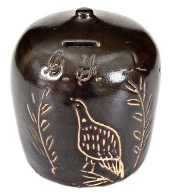 Rare Ohio Stoneware Bank with Incised Bird Decoration Inscribed