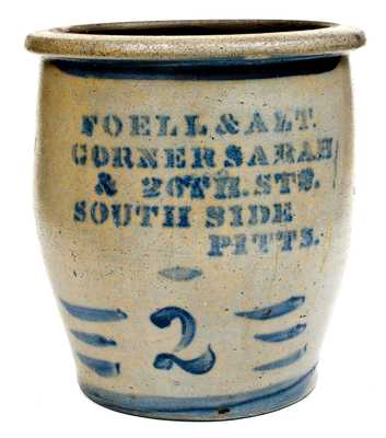 2 Gal. FOELL & ALT Pittsburgh Stoneware Advertising Jar