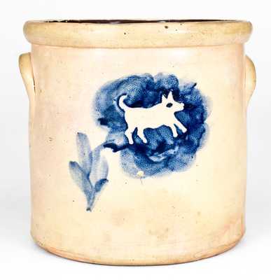 Very Unusual Stoneware Crock w/ Stenciled Dog Decoration, probably Somerset, Mass.