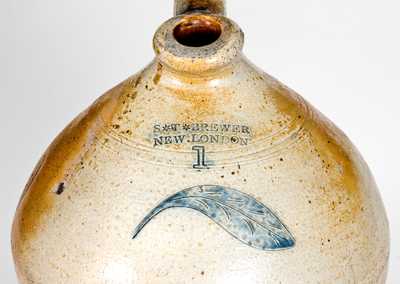 S. T. BREWER / NEW LONDON, CT Stoneware Jug w/ Fine Incised Leaf Decoration