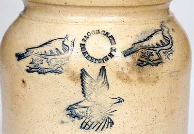 Rare JACOB CAIRE / PO KEEPSIE, NY Stoneware Jar w/ Impressed Birds and Eagle Designs