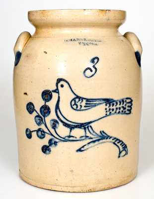 Rare T. HARRINGTON / LYONS 3 Gal. Stoneware Jar with Bird Decoration