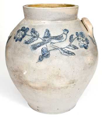 Exceptional "A. Kellogg," Utica, NY Stoneware Jar w/ Elaborate Incised Bird and Floral Decoration