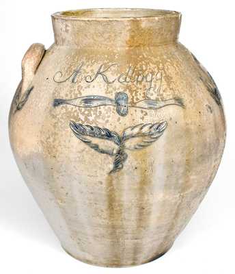 Exceptional "A. Kellogg," Utica, NY Stoneware Jar w/ Elaborate Incised Bird and Floral Decoration