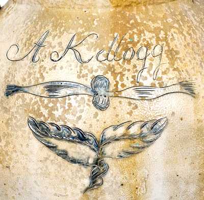 Exceptional "A. Kellogg," Utica, NY Stoneware Jar w/ Elaborate Incised Bird and Floral Decoration