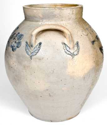 Exceptional "A. Kellogg," Utica, NY Stoneware Jar w/ Elaborate Incised Bird and Floral Decoration