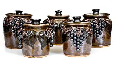 Rare Set of Five Lanier Meaders Stoneware Canisters w/ Applied Grapes, Cleveland, GA