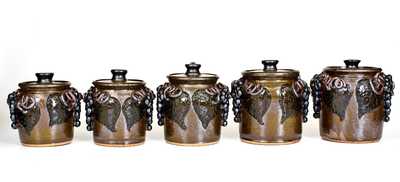 Rare Set of Five Lanier Meaders Stoneware Canisters w/ Applied Grapes, Cleveland, GA